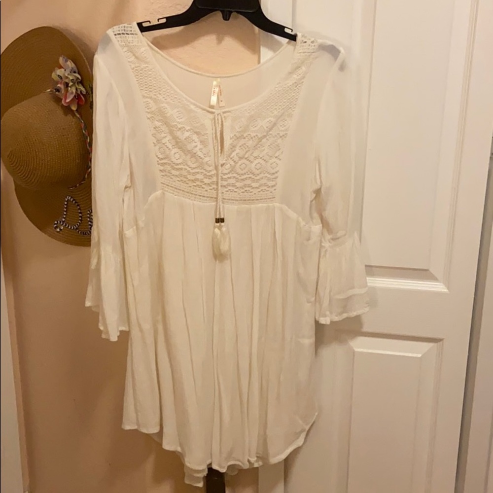 True Destiny Boho white crochet bell sleeve dress
